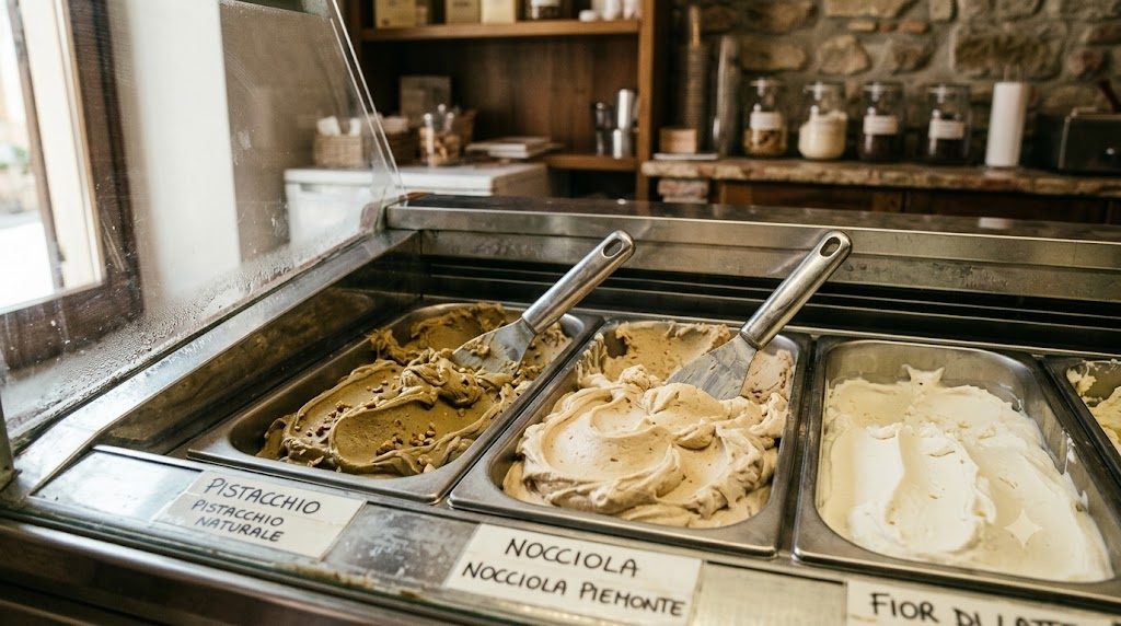 Vetrina di gelateria artigianale italiana con vaschette in acciaio